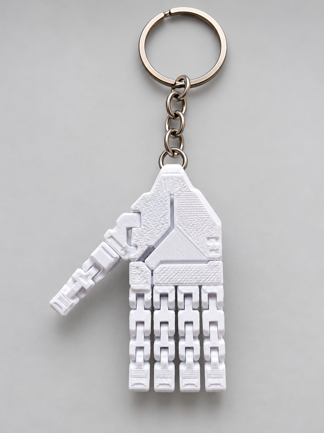 3D Printed Articulated Robotic Hand Keychain – White Mechanical Hand Keyring