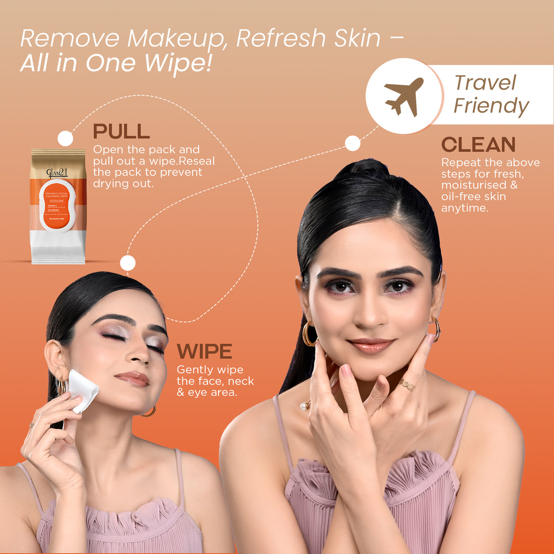 Glam21 Make-up Remover Wipes With Vitamin C & Hyaluronic Acid | Deep Cleansing, Hydrating & Brightening | Removes Waterproof Makeup | Soft, Gentle & Travel-Friendly Facial Wipes — image 3