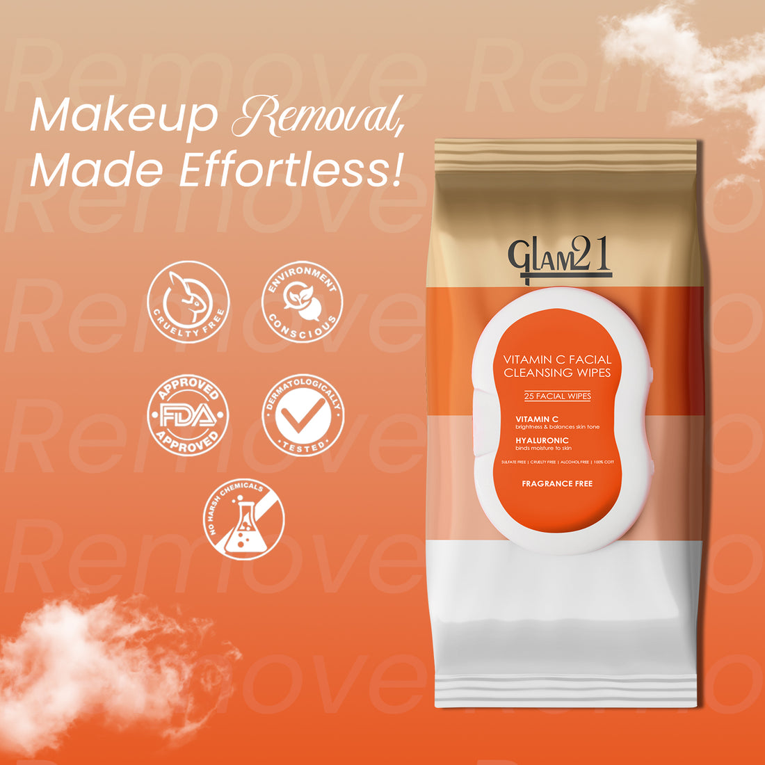 Glam21 Make-up Remover Wipes With Vitamin C & Hyaluronic Acid | Deep Cleansing, Hydrating & Brightening | Removes Waterproof Makeup | Soft, Gentle & Travel-Friendly Facial Wipes — image 4