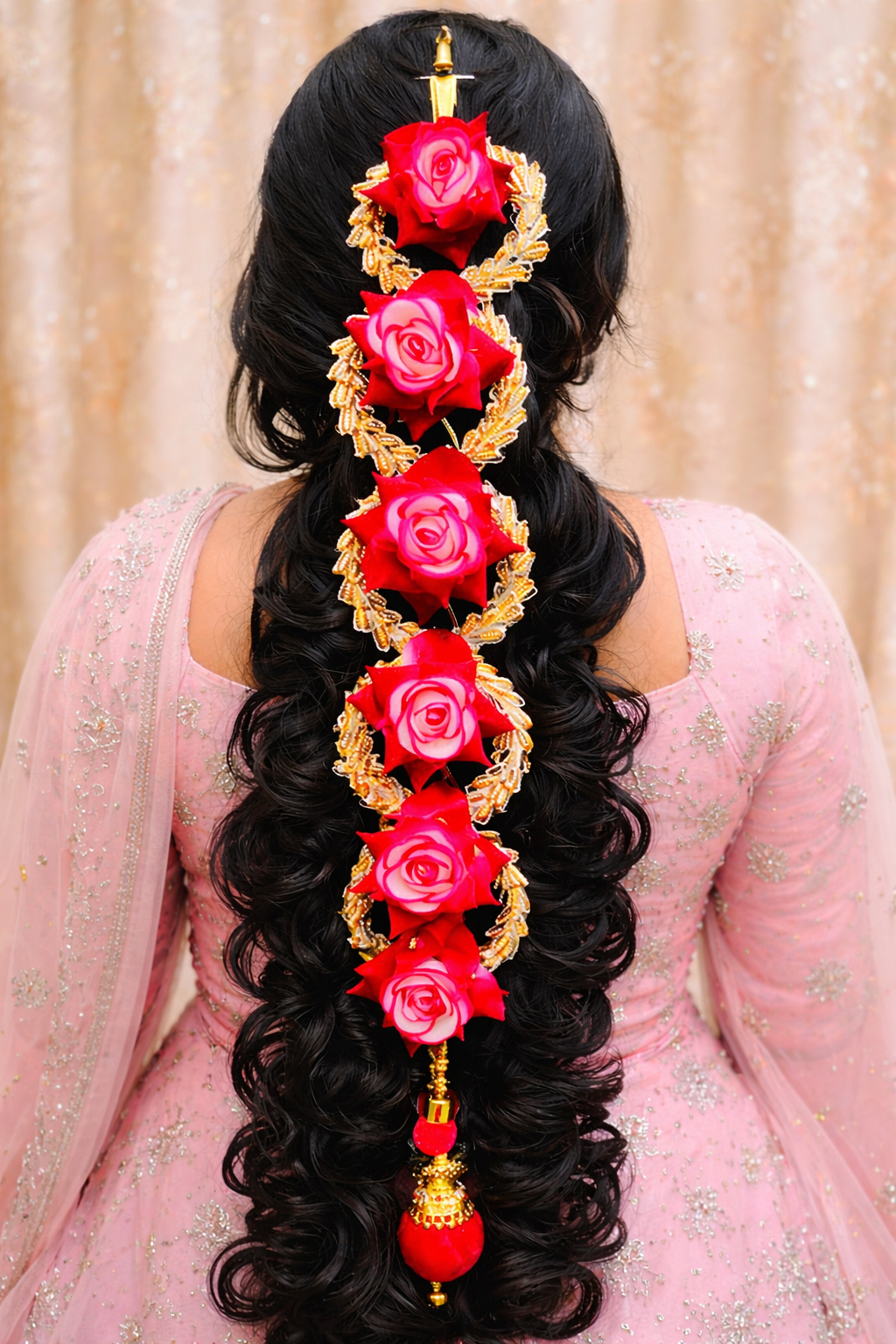 Elegant Red Rose Paranda for Women | Gold Plated Floral Hair Tassel | Bridal & Wedding Braid Accessory Elegant Red Rose Paranda for Women