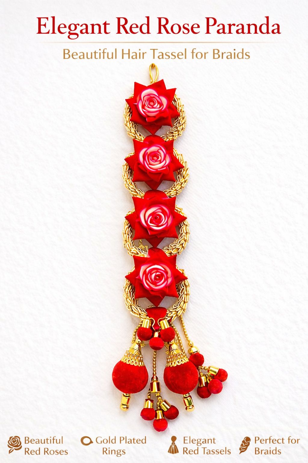 Elegant Red Rose Paranda for Women | Gold Plated Floral Hair Tassel | Bridal & Wedding Braid Accessory — image 3