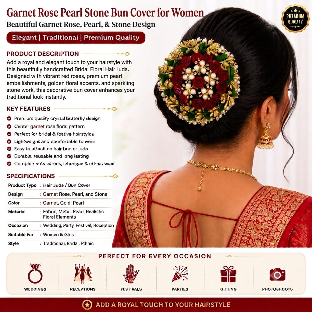 Handcrafted Red Rose Floral Hair Bun Cover (Juda) with Pearls & Golden Embellishments | Bridal Hair Accessory for Women — image 2