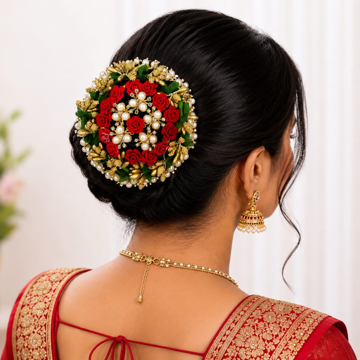 Handcrafted Red Rose Floral Hair Bun Cover (Juda) with Pearls & Golden Embellishments | Bridal Hair Accessory for Women Handcrafted Red Rose Floral Hair Bun Cover (Juda) with Pearls & Golden Embellishments | Bridal Hair Accessory for Women