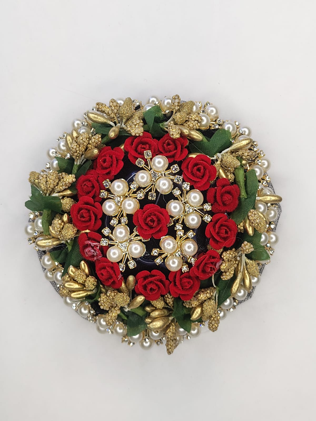 Handcrafted Red Rose Floral Hair Bun Cover (Juda) with Pearls & Golden Embellishments | Bridal Hair Accessory for Women — image 3